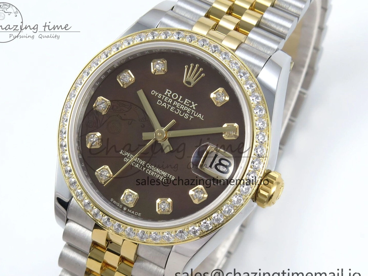 Good Copy Rolex Watches Bezel on Dial ARF Bracelet Best Snug 409 Edition Diamonds DateJust Jubilee ETA YG 1:1 Brown 904L SS Diamonds 31 278383RBR Steel 1222